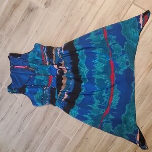 I Heart Ronson Anthropologie Blue Green Tie Dye Shark Bite Dress 4 Watercolor